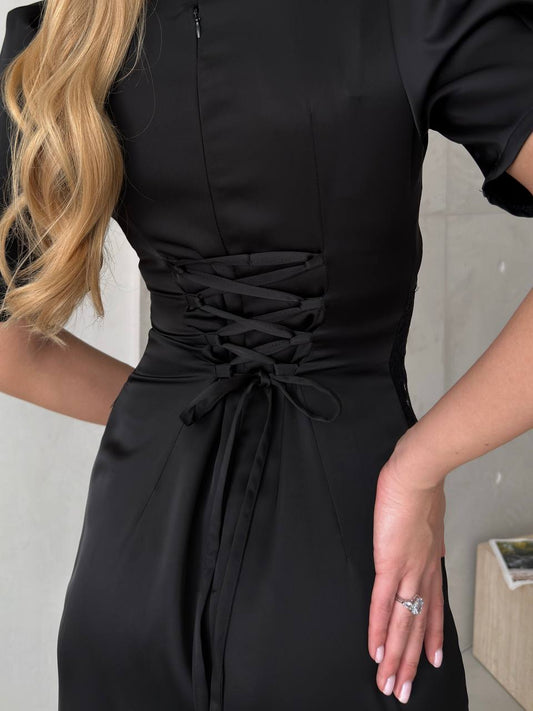 The Elise Dress – Black Satin Lace Midi Dress