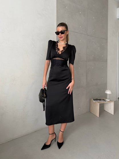 The Elise Dress – Black Satin Lace Midi Dress