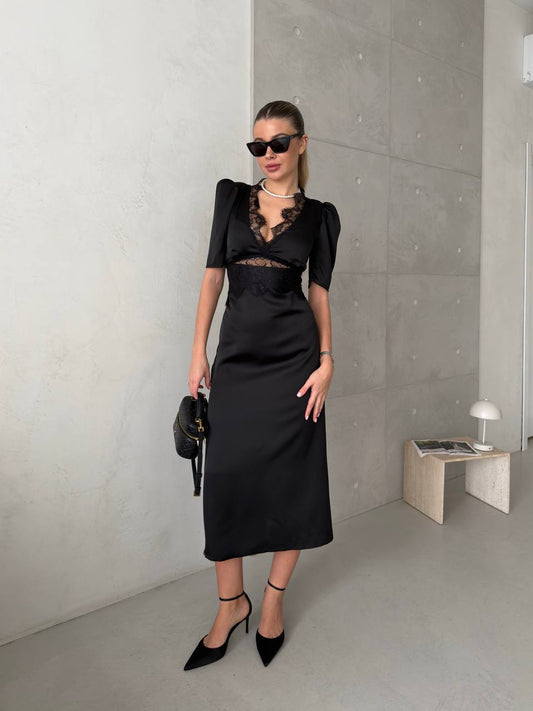 The Elise Dress – Black Satin Lace Midi Dress