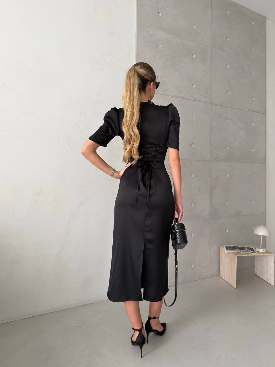 The Elise Dress – Black Satin Lace Midi Dress