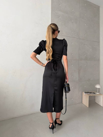 The Elise Dress – Black Satin Lace Midi Dress