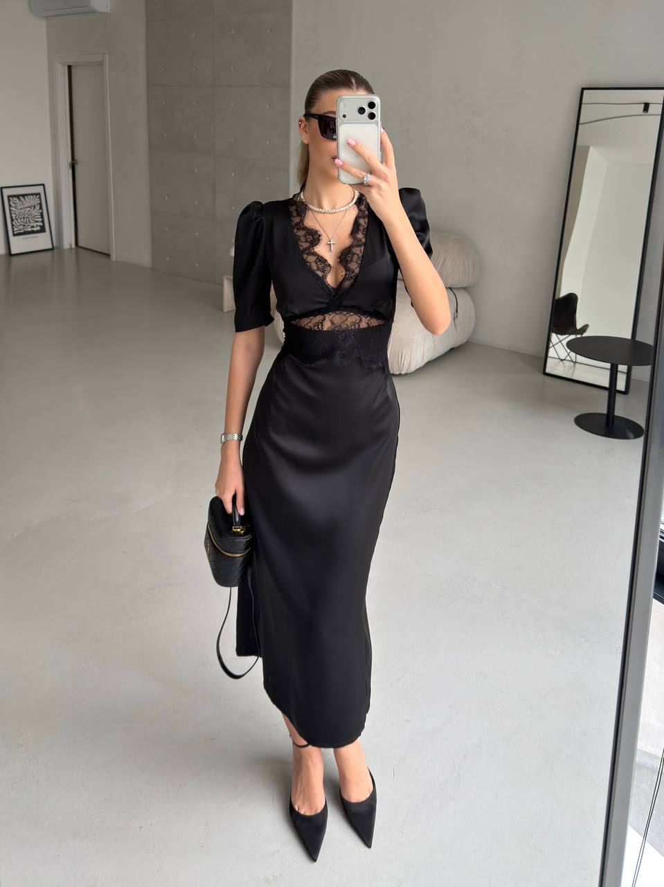 The Elise Dress – Black Satin Lace Midi Dress