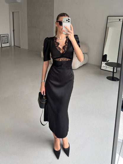 The Elise Dress – Black Satin Lace Midi Dress
