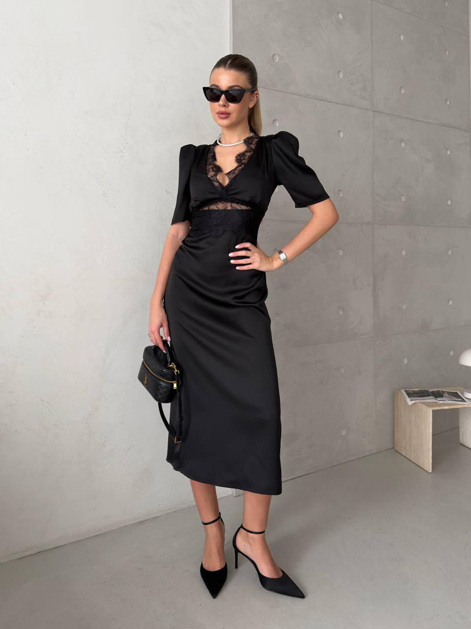 The Elise Dress – Black Satin Lace Midi Dress